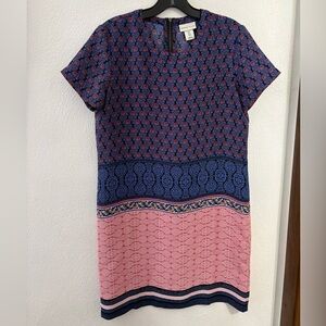 Adrienne Vittadini Woman’s Blue and Pink Patterned Short-Sleeve Midi Dress